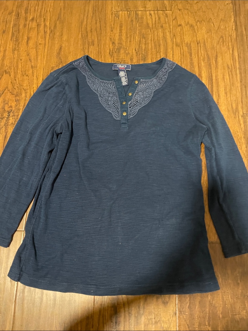Chaps Navy Blue Long-Sleeve Lace-Trim Henley